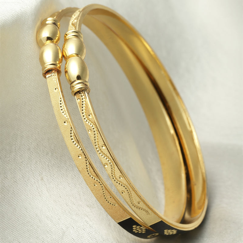 Gold-Plated Classic Black Textured Bangle Bracelets (Set Of 2)