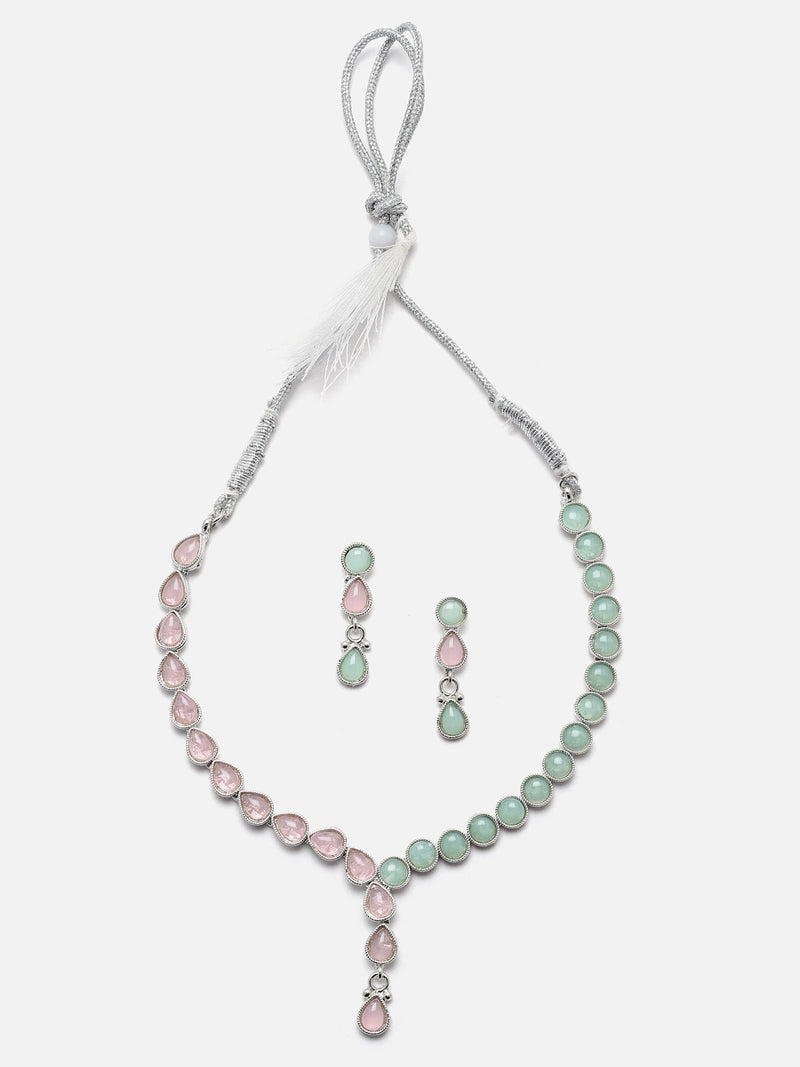 Oxidised Silver-Plated Pink-Lime Green American Diamond Studded Necklace with Earring Jewellery Set