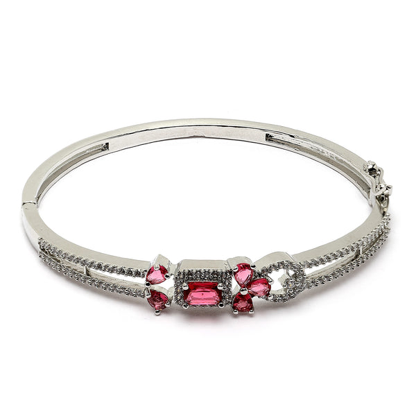 Rhodium Plated Silver Toned Square Ruby Red American Diamond Studded Bracelet