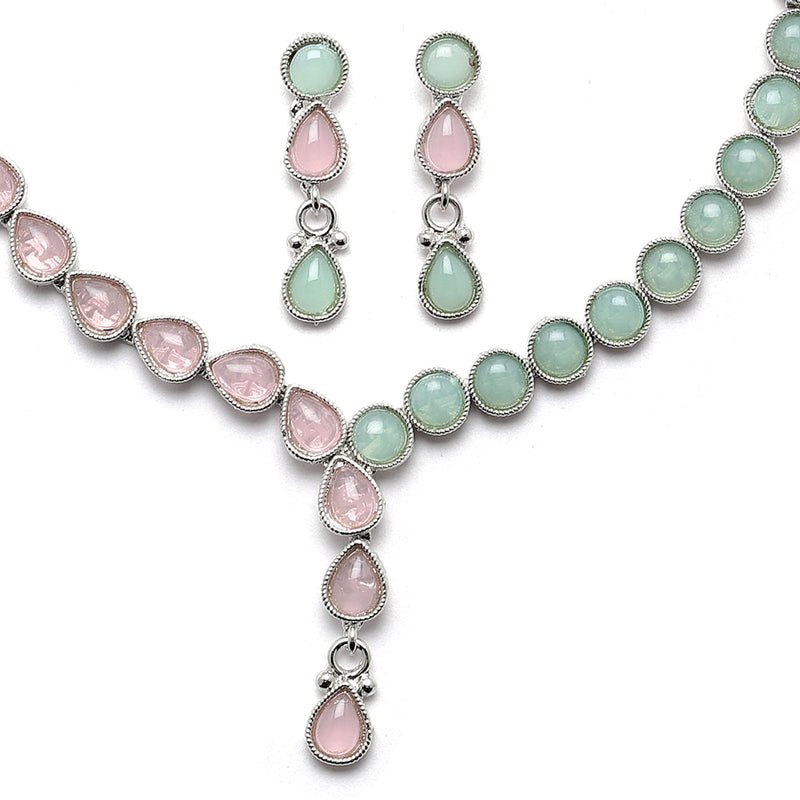 Oxidised Silver-Plated Pink-Lime Green American Diamond Studded Necklace with Earring Jewellery Set