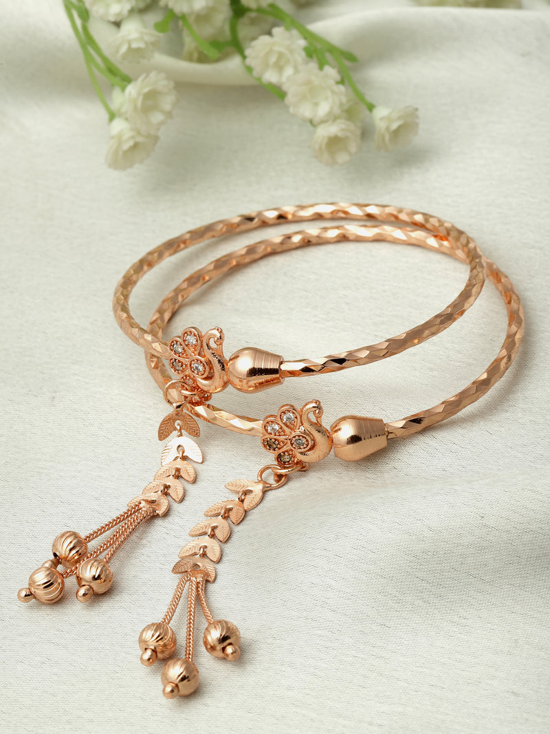 Rose Gold-Plated White American Diamond studded Peacock Design Handcrafted Kada Bracelets (Set Of 2)