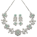 Rhodium-Plated Sea Green Cubic Zirconia Studded Floral Theme Necklace & Earrings Jewellery Set