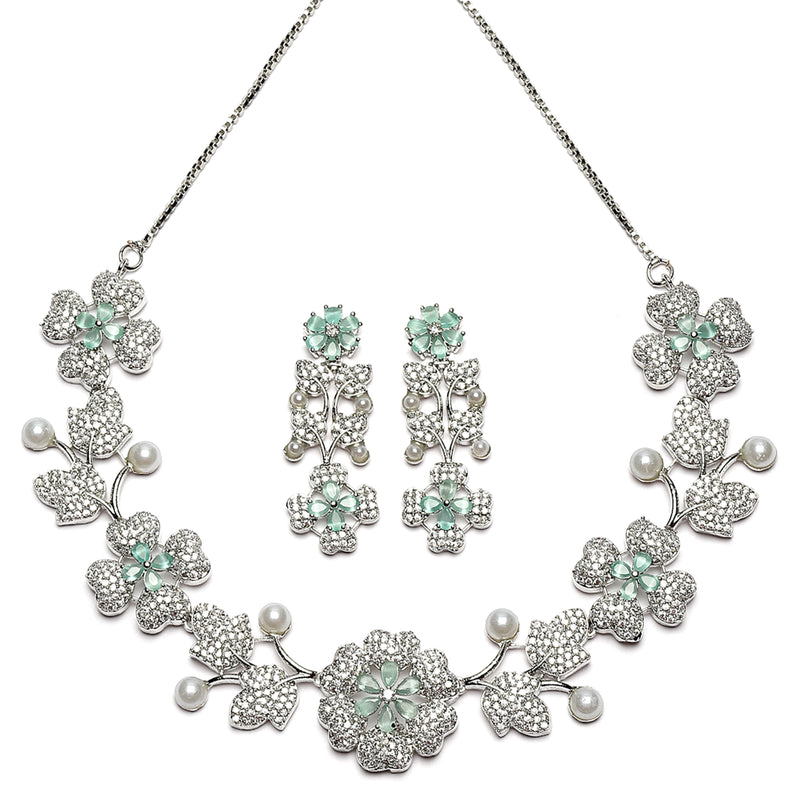 Rhodium-Plated Sea Green Cubic Zirconia Studded Floral Theme Necklace & Earrings Jewellery Set