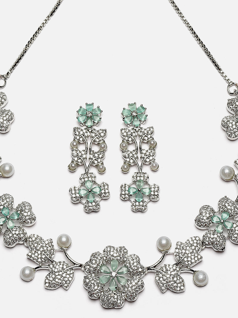 Rhodium-Plated Sea Green Cubic Zirconia Studded Floral Theme Necklace & Earrings Jewellery Set