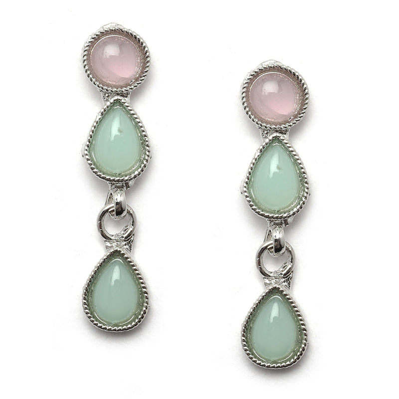 Oxidised Silver-Plated Lime Green-Pink American Diamond Studded Necklace with Earring Jewellery Set