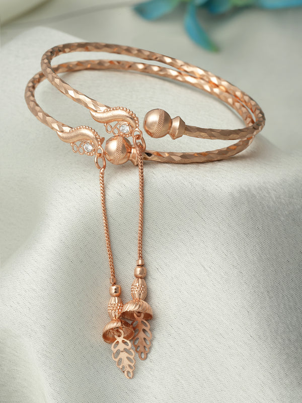 Rose Gold-Plated White American Diamond studded Chain Tasseled Kada Bracelets (Set Of 2)