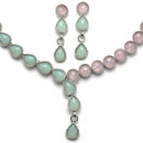 Oxidised Silver-Plated Lime Green-Pink American Diamond Studded Necklace with Earring Jewellery Set