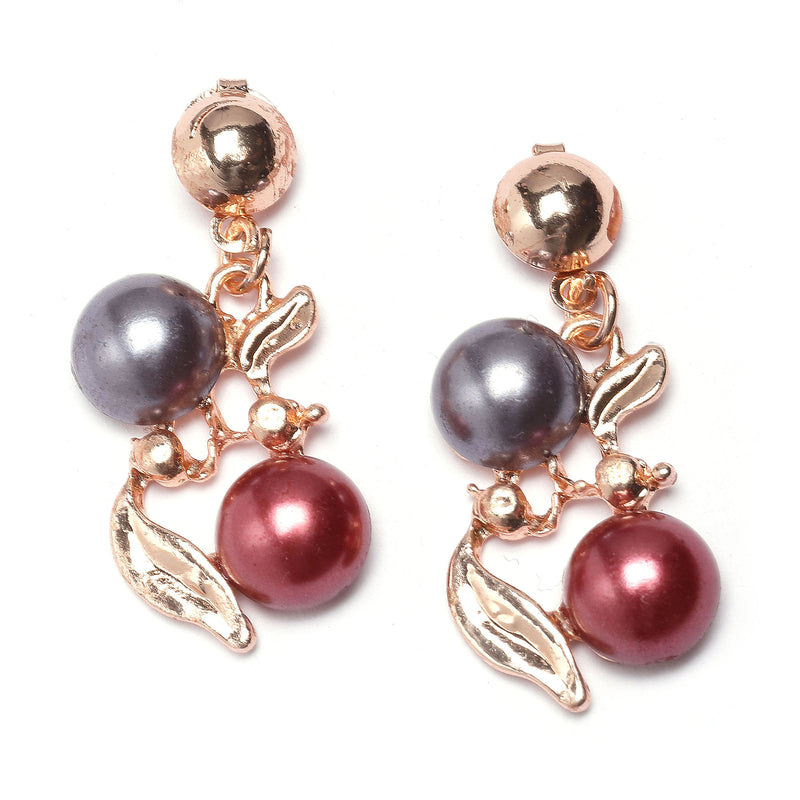 Rose Gold-Plated Red & White Artificial Stones Studded Leafy Shaped Necklace with Earrings Jewellery Set