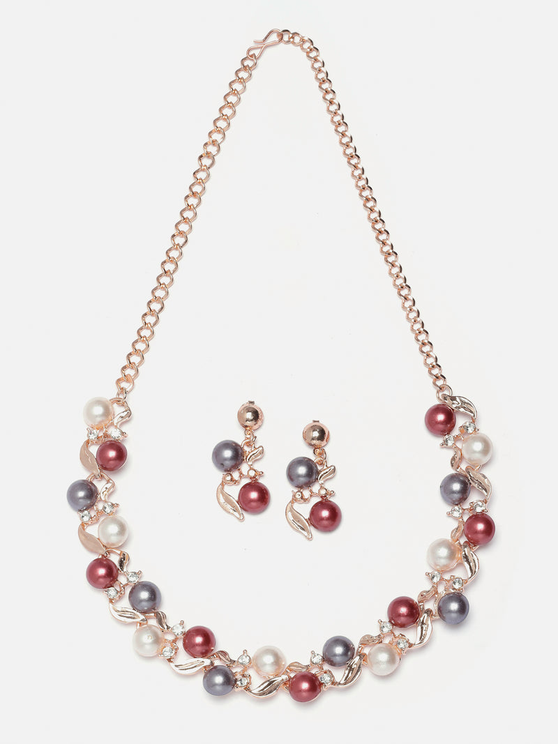 Rose Gold-Plated Red & White Artificial Stones Studded Leafy Shaped Necklace with Earrings Jewellery Set