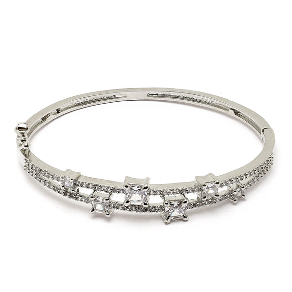Rhodium-Plated Silver Toned Square Shaped White American Diamond Studded Bracelet