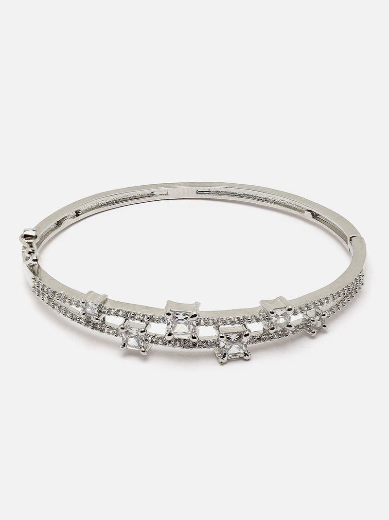 Rhodium-Plated Silver Toned White American Diamond Studded Kada Bracelet