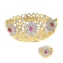Gold-Plated Floral Design White & Pink American Diamond Studded Bangle & Ring Set