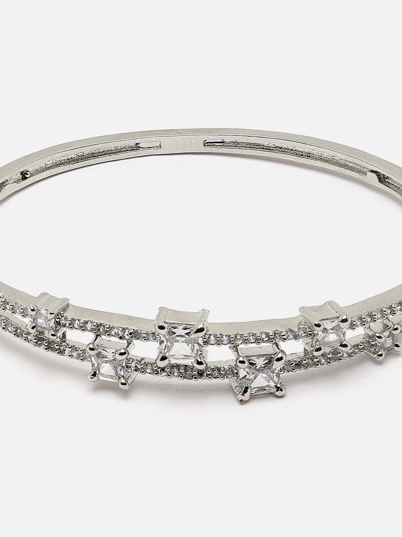 Rhodium-Plated Silver Toned White American Diamond Studded Kada Bracelet