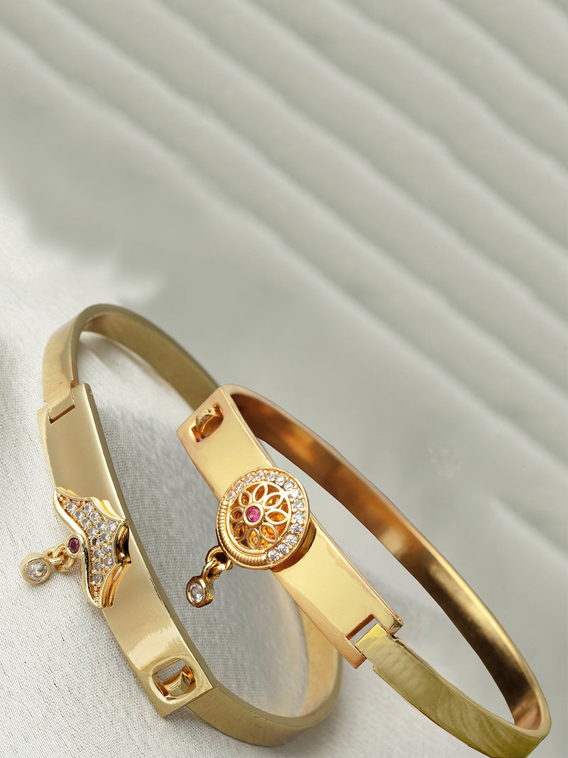Gold Plated Minimal Design Drop CZ Studded Cuff Bracelet Set Of 2