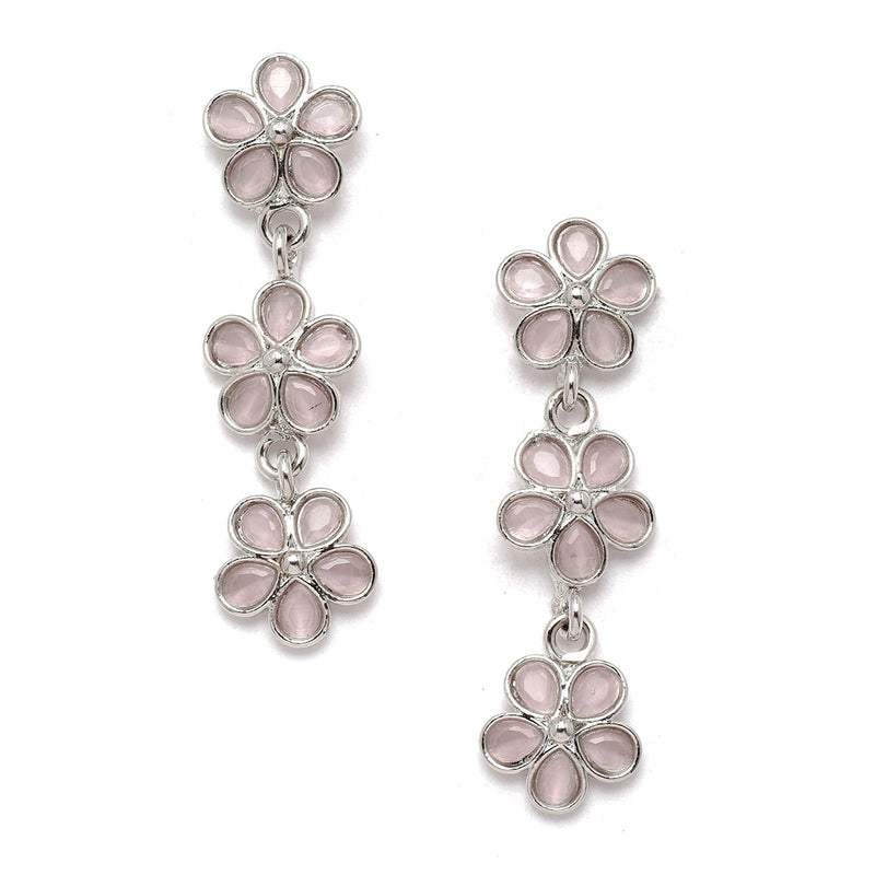 Oxidised Silver-Plated Flower Shaped Pink American Diamond Studded Necklace Earrings Jewellery Set