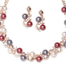Rose Gold-Plated Red & White Artificial Stones Studded Leafy Shaped Necklace with Earrings Jewellery Set