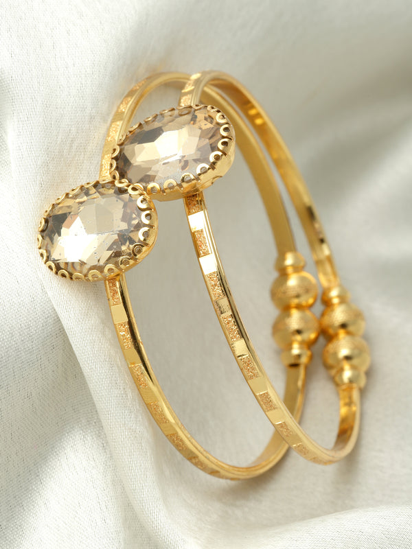 Gold-Plated Round Shaped White American Diamond studded Handcrafted Kada Bracelets (Set Of 2)