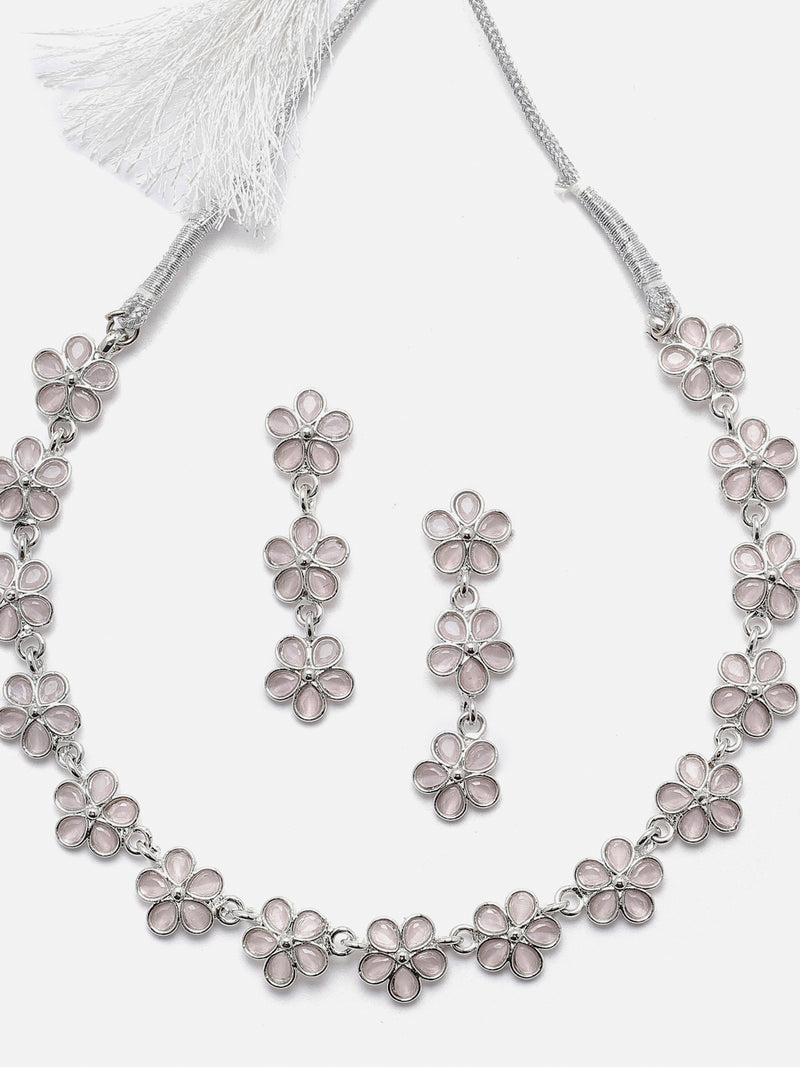 Oxidised Silver-Plated Flower Shaped Pink American Diamond Studded Necklace Earrings Jewellery Set