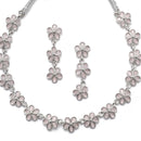 Oxidised Silver-Plated Flower Shaped Pink American Diamond Studded Necklace Earrings Jewellery Set