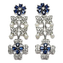 Rhodium-Plated Navy Blue Cubic Zirconia Studded Floral Theme Necklace & Earrings Jewellery Set