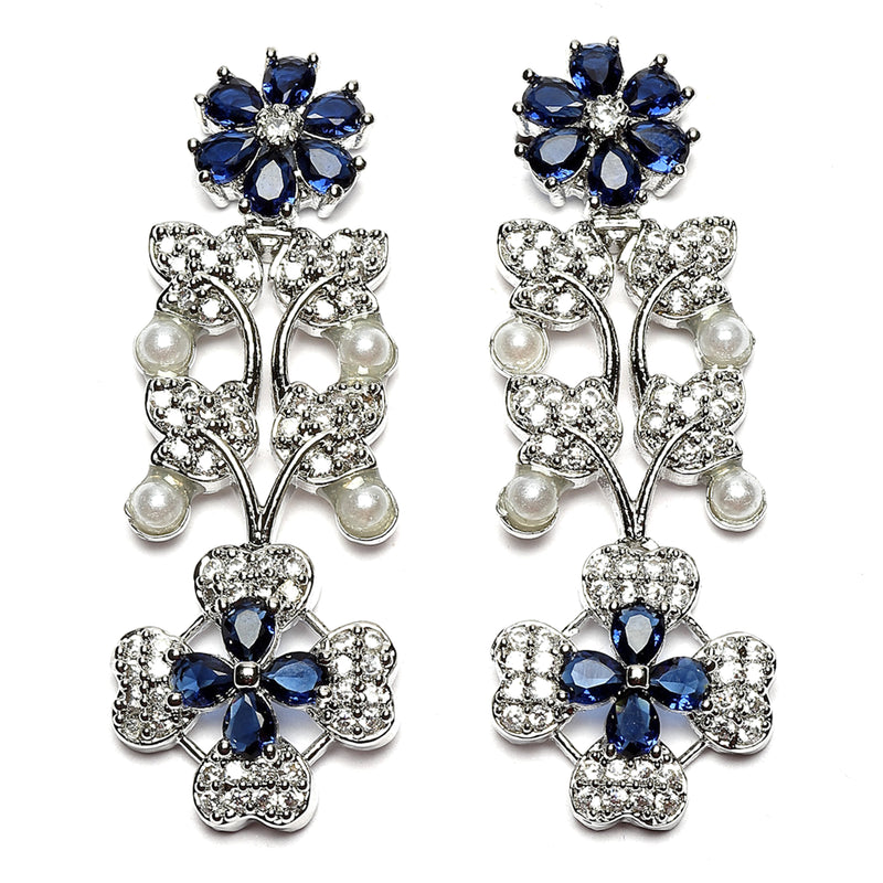 Rhodium-Plated Navy Blue Cubic Zirconia Studded Floral Theme Necklace & Earrings Jewellery Set
