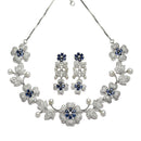 Rhodium-Plated Navy Blue Cubic Zirconia Studded Floral Theme Necklace & Earrings Jewellery Set