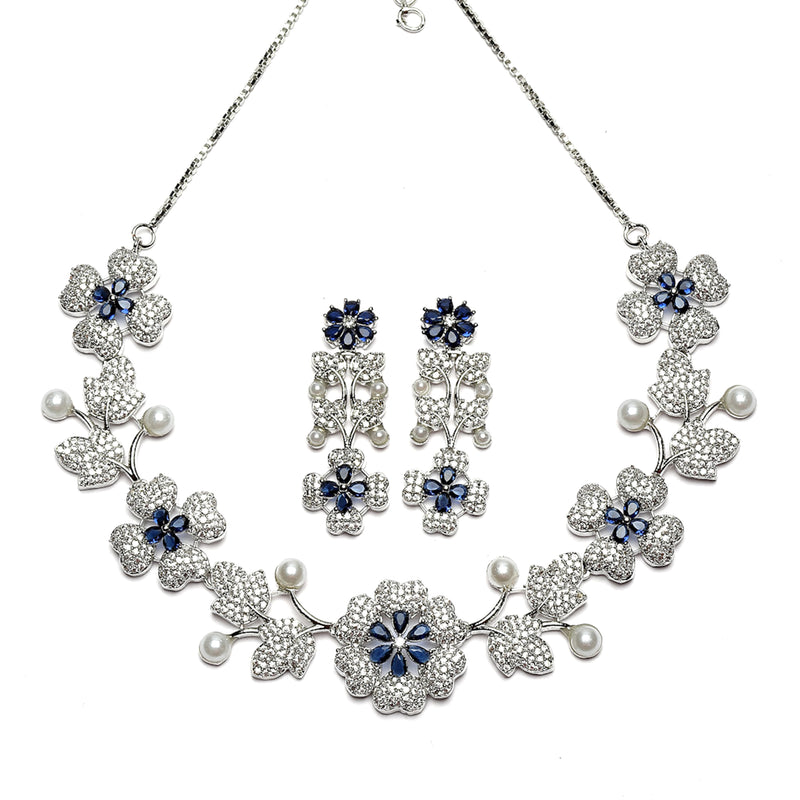 Rhodium-Plated Navy Blue Cubic Zirconia Studded Floral Theme Necklace & Earrings Jewellery Set