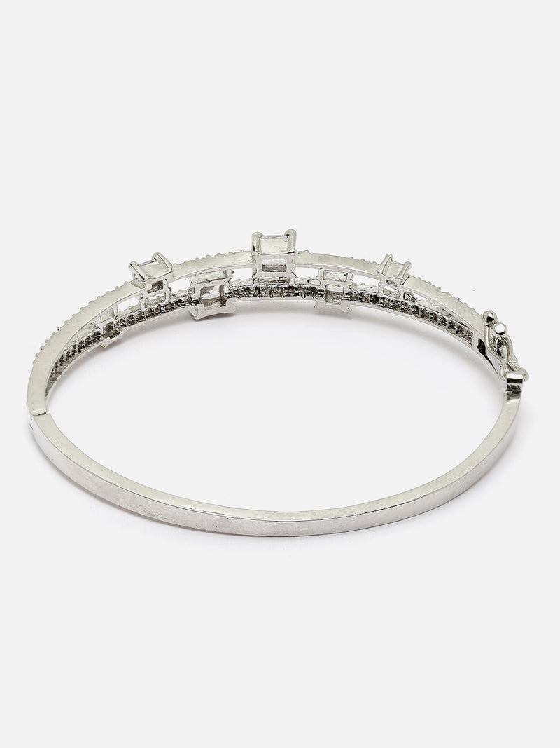 Rhodium-Plated Silver Toned White American Diamond Studded Kada Bracelet