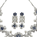 Rhodium-Plated Navy Blue Cubic Zirconia Studded Floral Theme Necklace & Earrings Jewellery Set