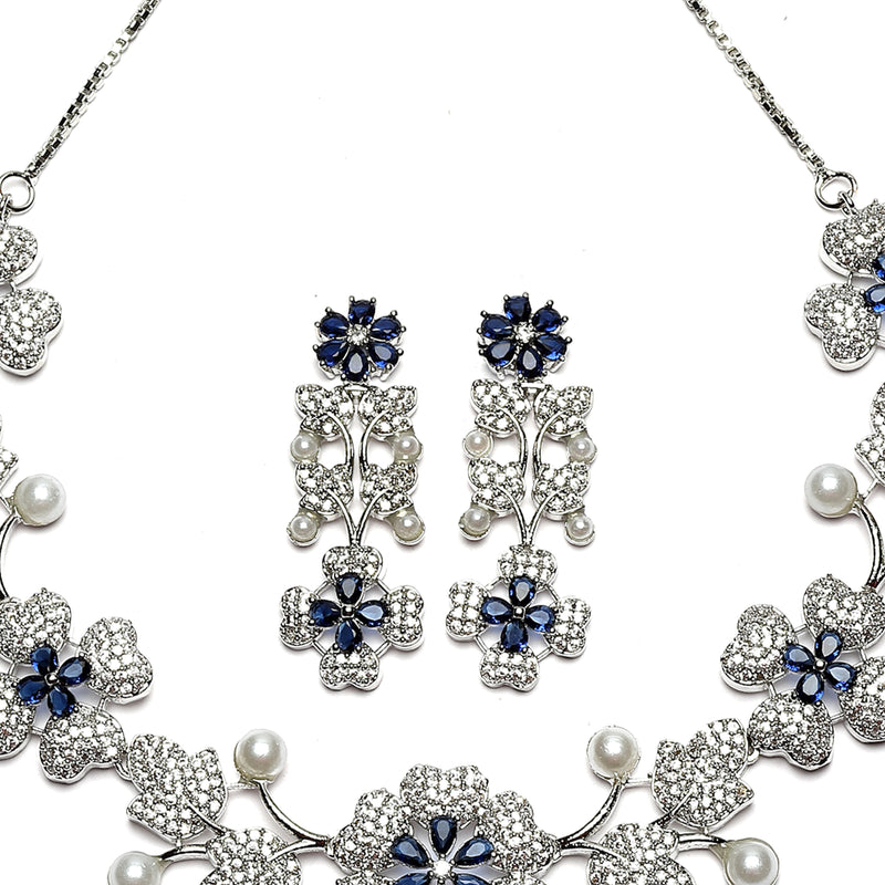 Rhodium-Plated Navy Blue Cubic Zirconia Studded Floral Theme Necklace & Earrings Jewellery Set