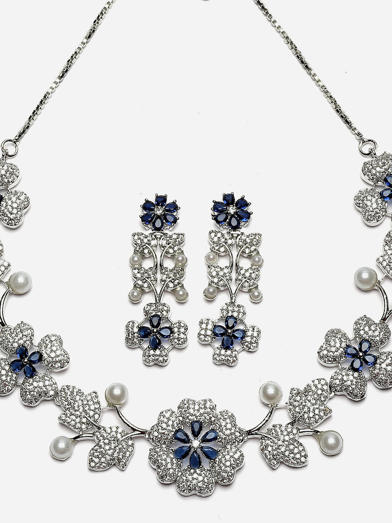 Rhodium-Plated Navy Blue Cubic Zirconia Studded Floral Theme Necklace & Earrings Jewellery Set