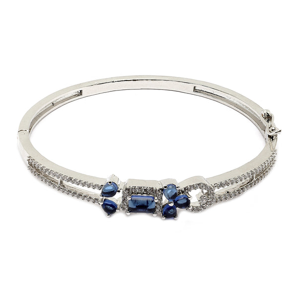 Rhodium Plated Silver Toned Square Royal Blue American Diamond Studded Bracelet