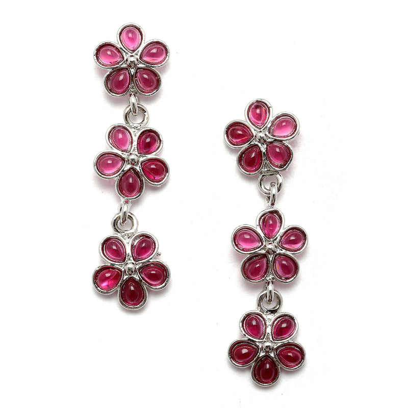 Oxidised Silver-Plated Flower Shaped Red American Diamond Studded Necklace Earrings Jewellery Set
