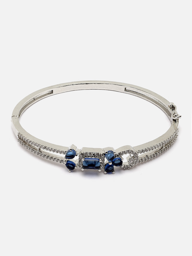 Rhodium-Plated Silver Toned Navy Blue American Diamond Studded Kada Bracelet