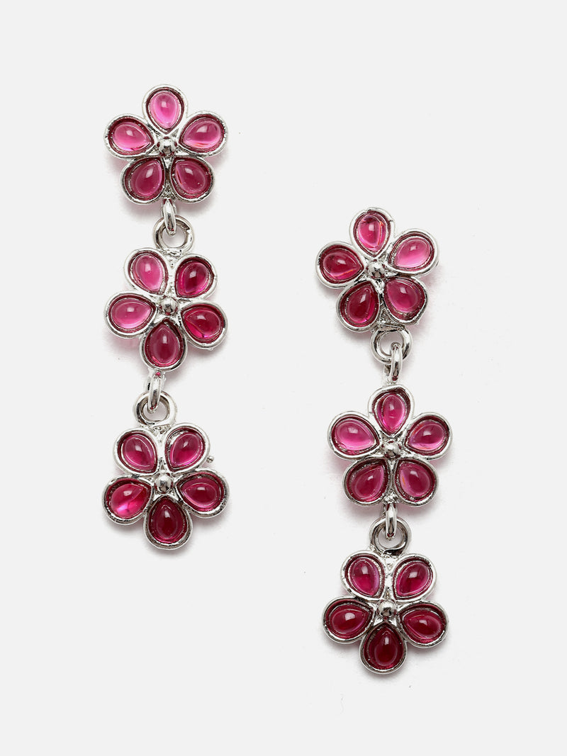 Oxidised Silver-Plated Flower Shaped Red American Diamond Studded Necklace Earrings Jewellery Set