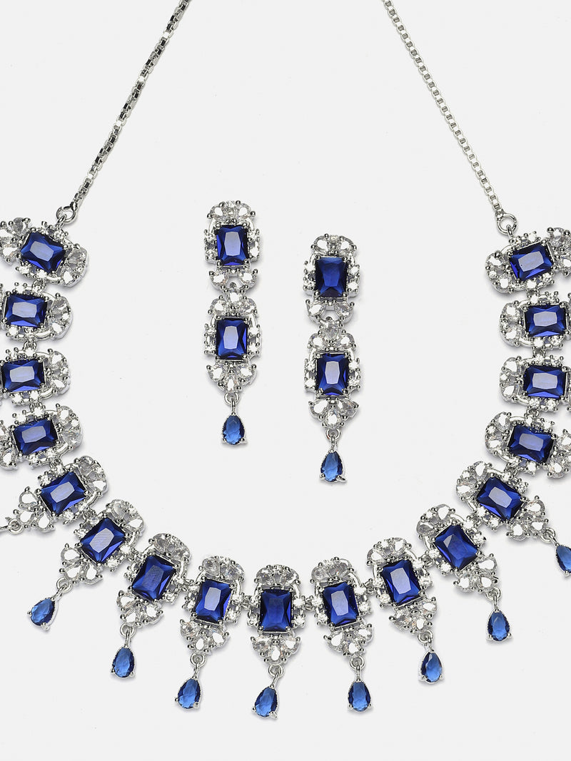 Rhodium-Plated Navy Blue American Diamonds Studded Teardrop & Cubical Necklace & Earrings Jewellery Set