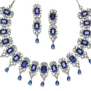 Rhodium-Plated Navy Blue American Diamonds Studded Teardrop & Cubical Necklace & Earrings Jewellery Set