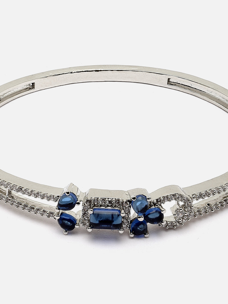 Rhodium-Plated Silver Toned Navy Blue American Diamond Studded Kada Bracelet