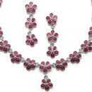 Oxidised Silver-Plated Flower Shaped Red American Diamond Studded Necklace Earrings Jewellery Set