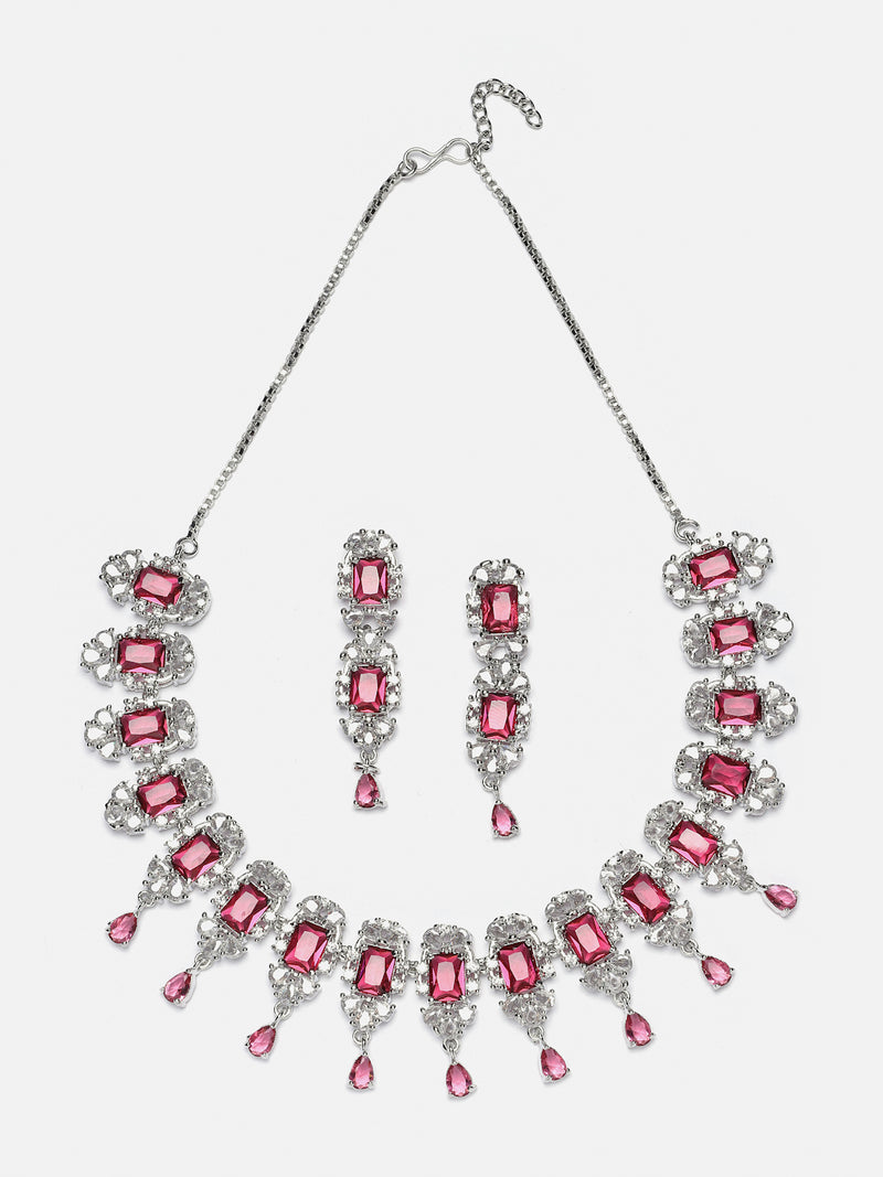 Rhodium-Plated Red American Diamonds Studded Teardrop & Cubical Necklace & Earrings Jewellery Set