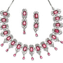 Rhodium-Plated Red American Diamonds Studded Teardrop & Cubical Necklace & Earrings Jewellery Set