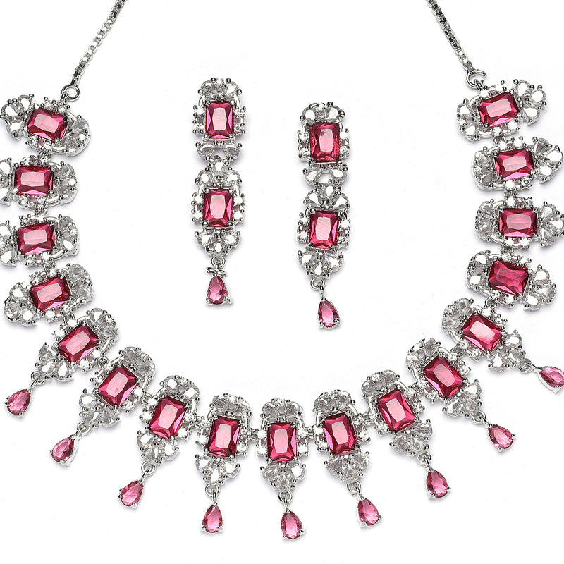 Rhodium-Plated Red American Diamonds Studded Teardrop & Cubical Necklace & Earrings Jewellery Set