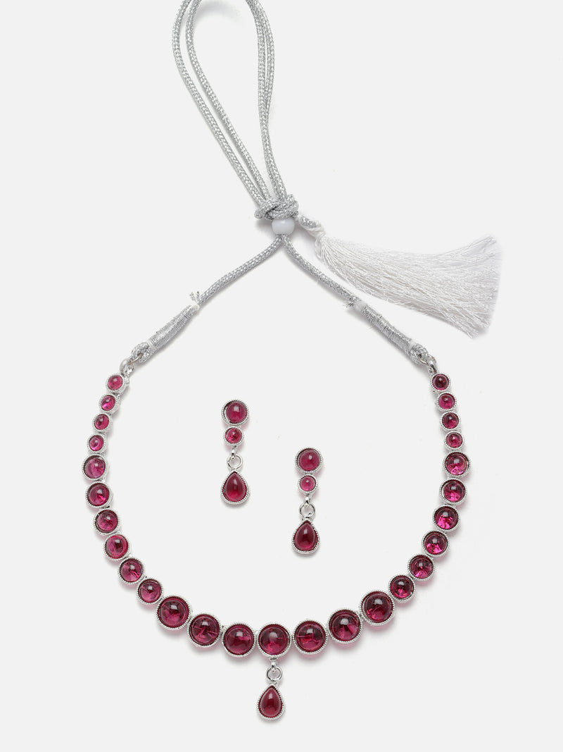 Oxidised Silver-Plated Red Round American Diamond Studded Necklace with Earrings Jewellery Set