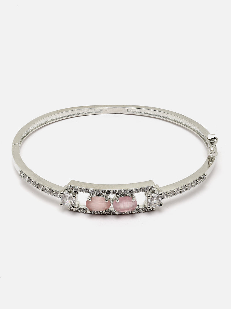Rhodium-Plated Silver Toned Pink American Diamond Studded Kada Bracelet