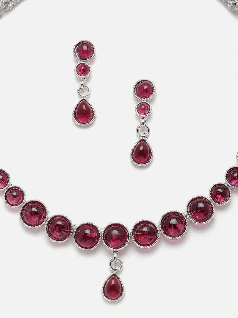 Oxidised Silver-Plated Red Round American Diamond Studded Necklace with Earrings Jewellery Set