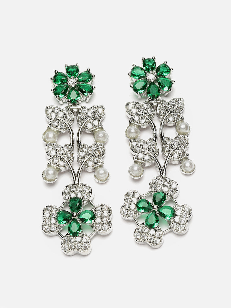 Rhodium-Plated Green Cubic Zirconia Studded Floral Theme Necklace & Earrings Jewellery Set