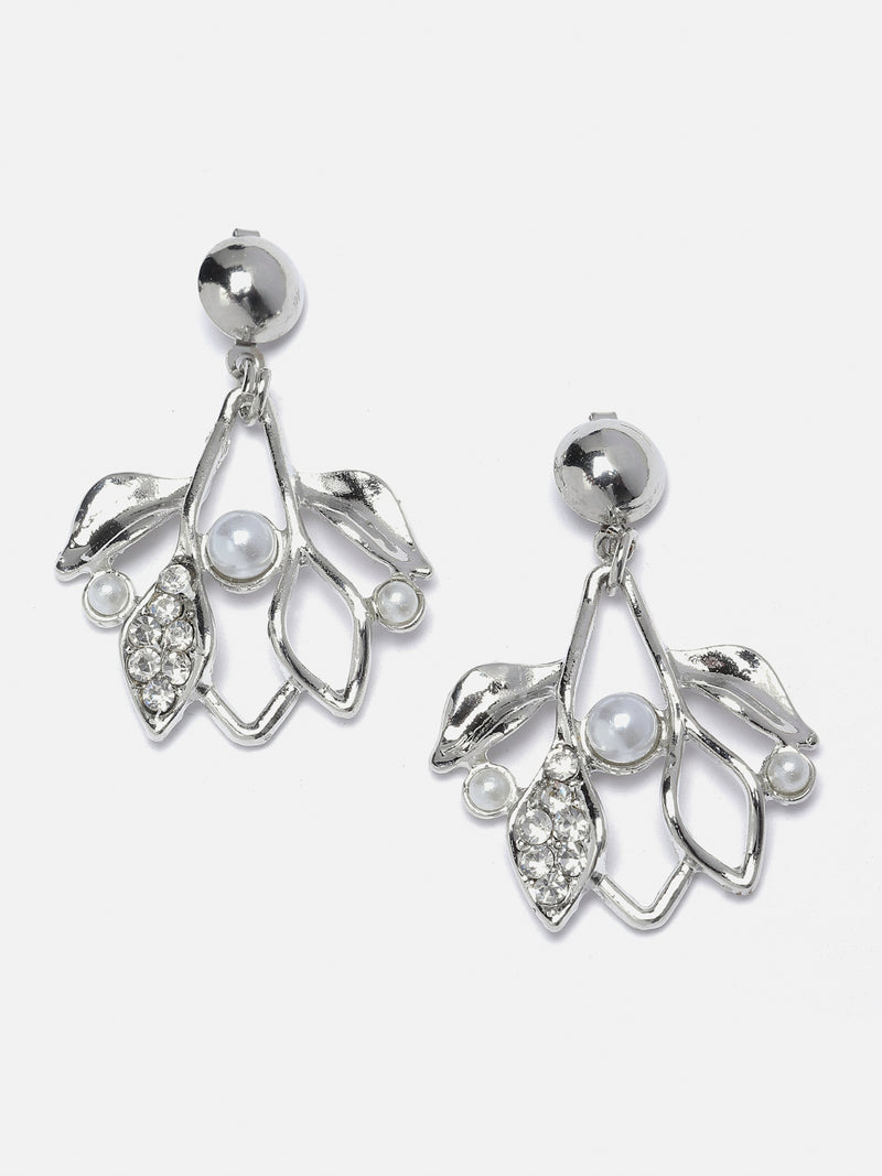 Silver-Plated White Cubic Zirconia & White Pearls Studded Leaf Shaped Necklace with Earrings