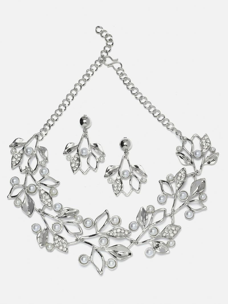 Silver-Plated White Cubic Zirconia & White Pearls Studded Leaf Shaped Necklace with Earrings