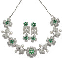 Rhodium-Plated Green Cubic Zirconia Studded Floral Theme Necklace & Earrings Jewellery Set
