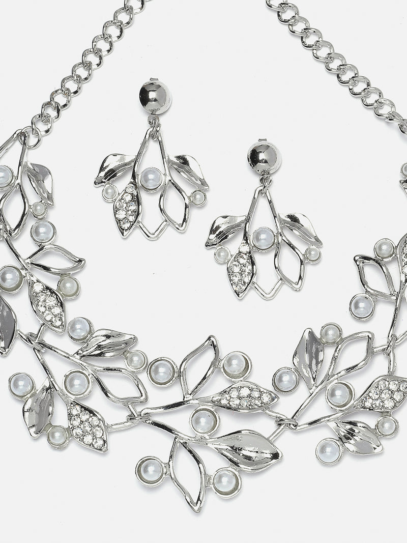 Silver-Plated White Cubic Zirconia & White Pearls Studded Leaf Shaped Necklace with Earrings